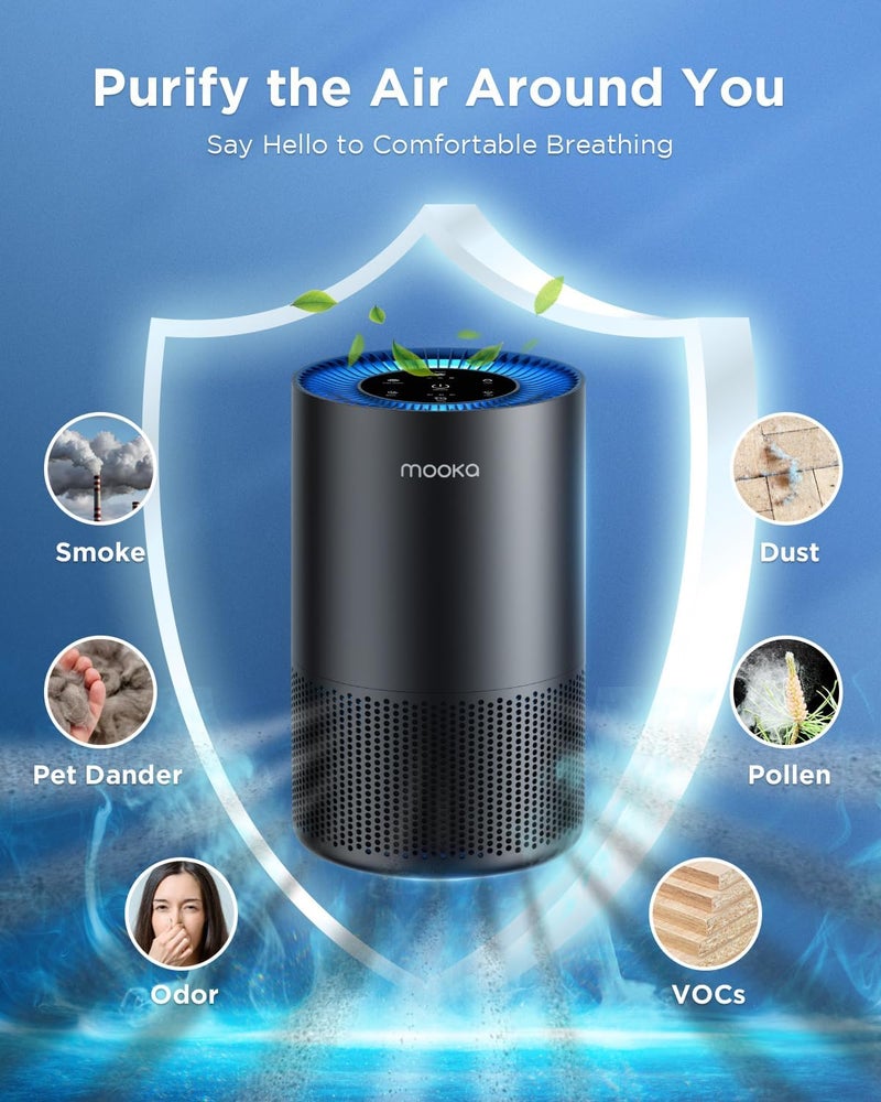 Mooka منقيات الهواء للمنزل غرفة كبيرة للحيوانات الأليفة حتى 1300 قدم مربع، منقي هواء H13 True HEPA مع مدخل هواء 360°، عطر، منقي هواء 13dB لغرفة النوم دخان حرائق الغابات غبار الحيوانات الأليفة حبوب اللقاح (أسود) - Image 4